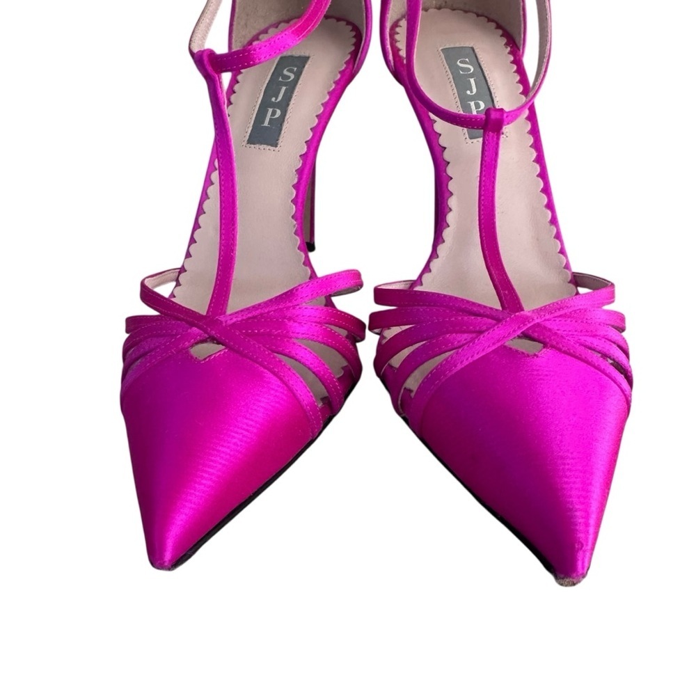 SJP Sarah Jessica Parker Fuchsia Pink Satin Ankle T-Strap Heels Size 6.5 36.5 - Picture 6 of 14